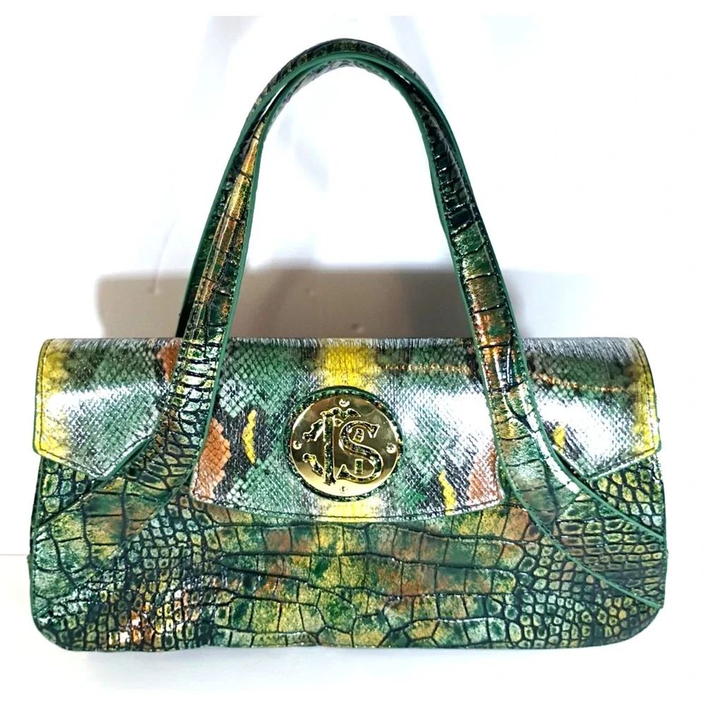 Vintage Sharif Metallic Green Gold Reptile Embossed Crossbody Flap Bag Y2K EUC